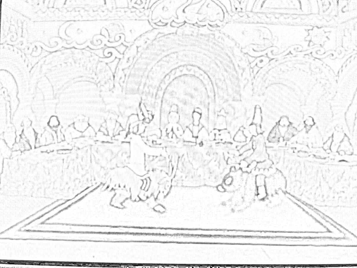 Раскраска Пир в тереме - гости за длинным столом, две фигуры в центре исполняют танец, архитектура с арками и узорами