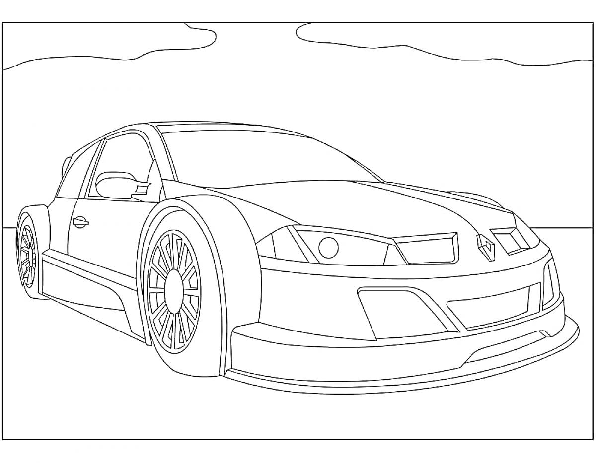 Раскраска Гоночный автомобиль на фоне неба с облаками