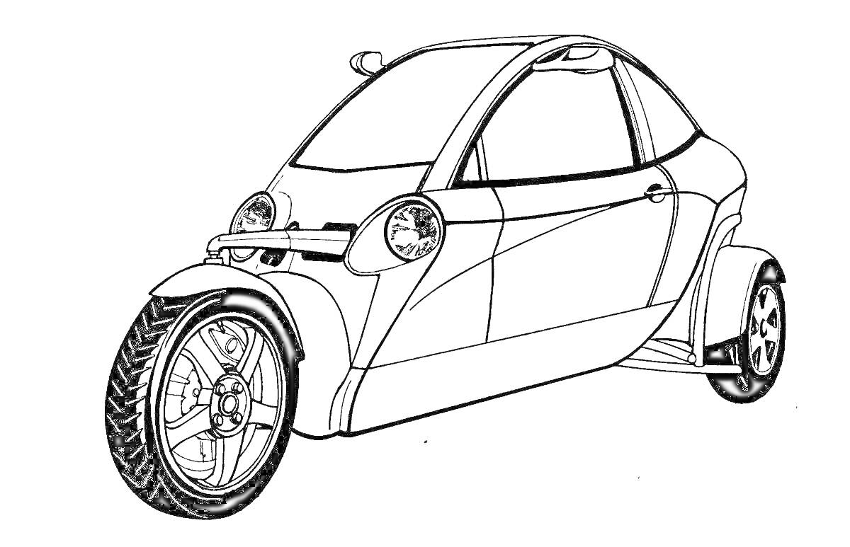 Раскраска Автомобиль будущего с двумя передними колесами и одним задним, дверью и круглыми фарами