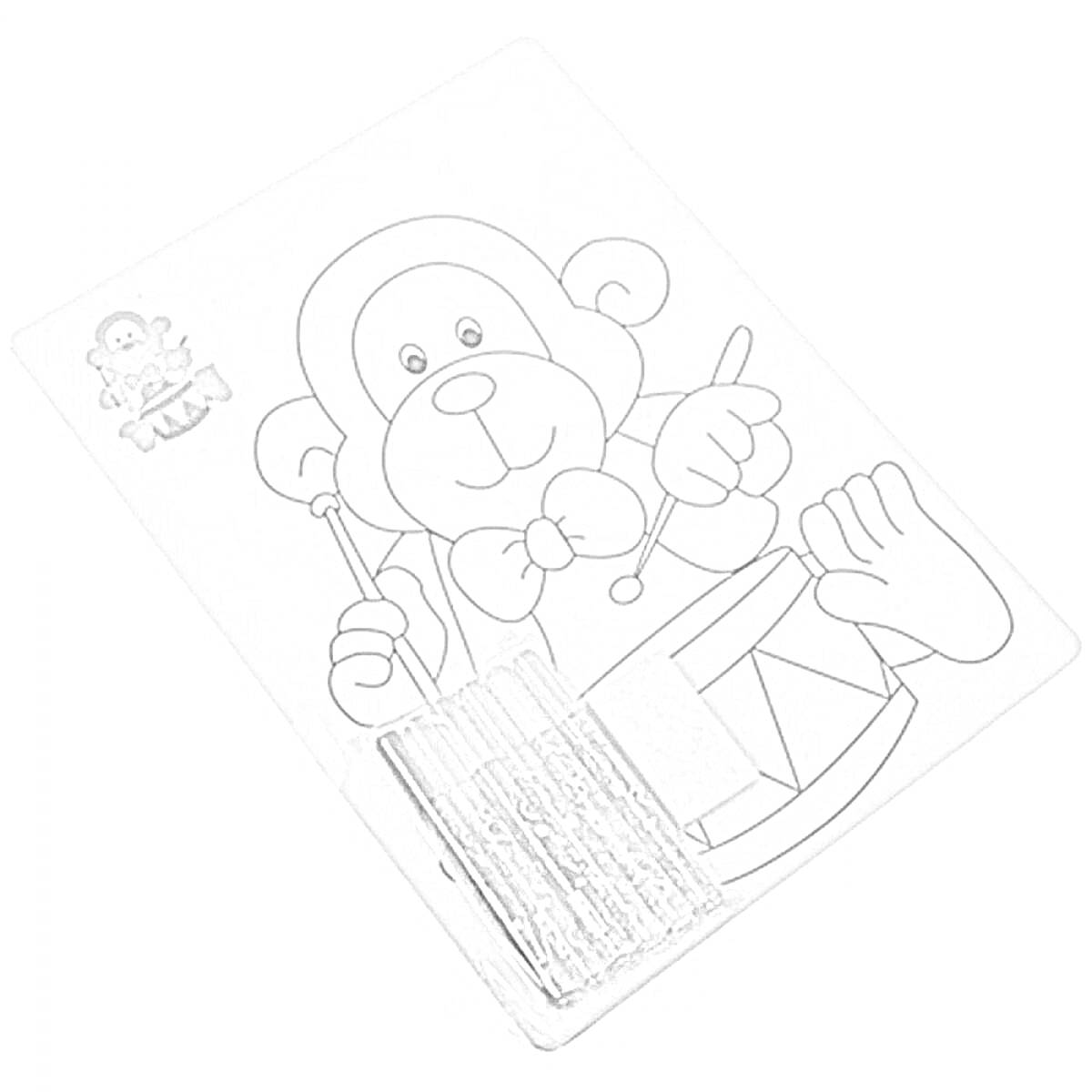 Раскраска Раскраска с изображением обезьяны с барабаном и набором фломастеров