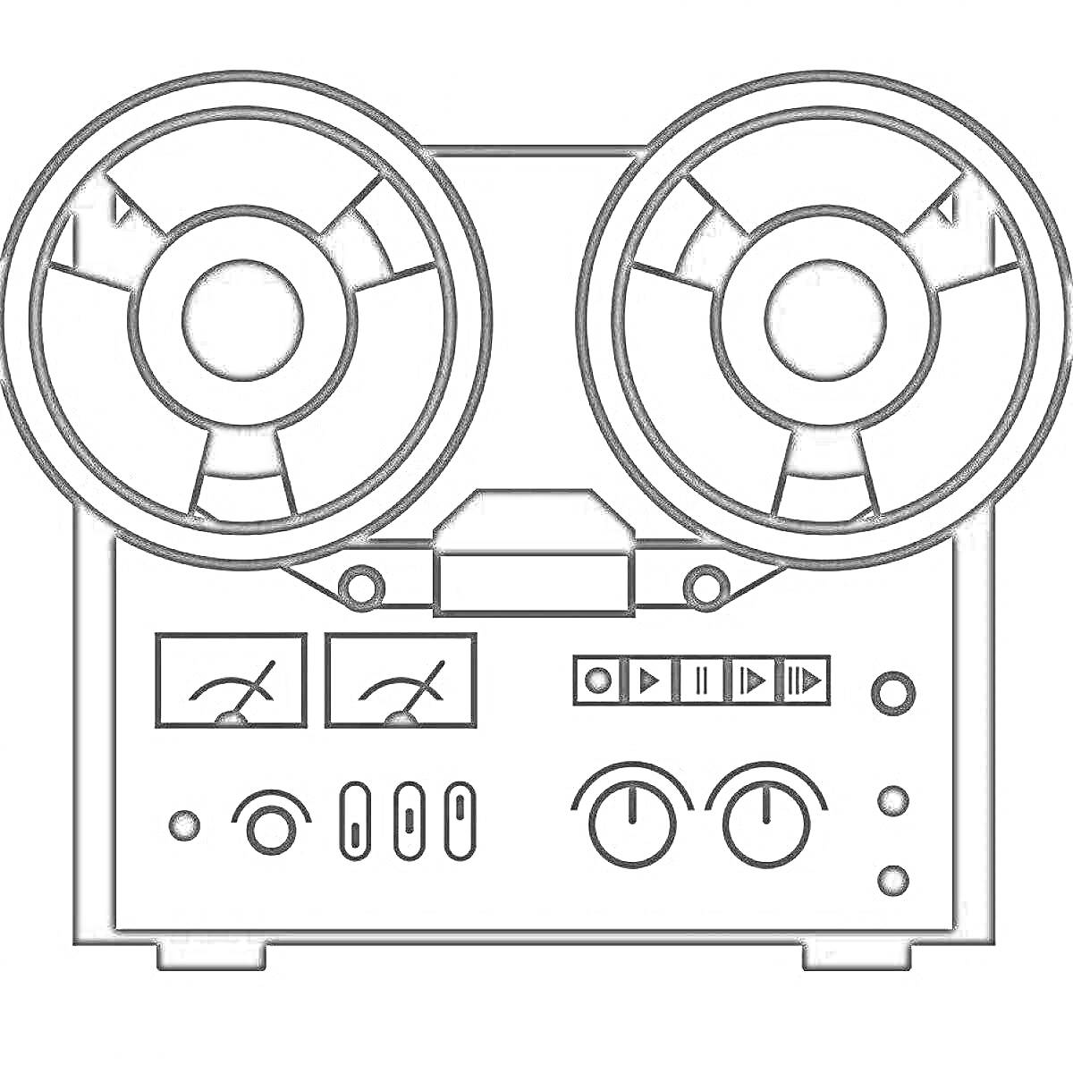 Магнитофон с катушками, индикаторами, кнопками управления и регуляторами