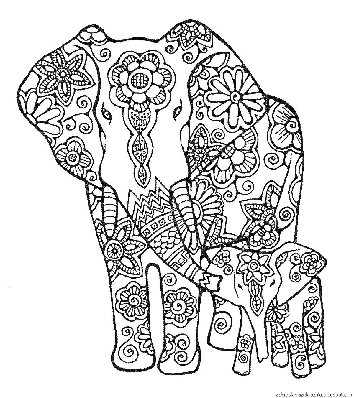 Раскраска Слоны с узорами из цветов и орнаментов