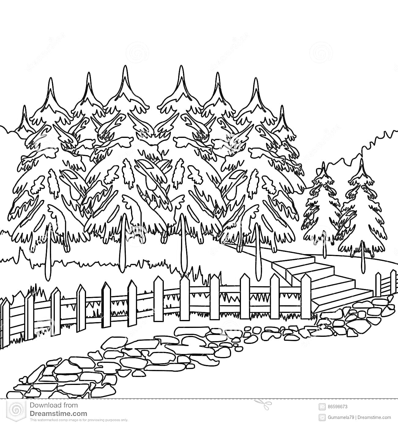 Раскраска Еловый лес с тропинкой, камнями и оградой