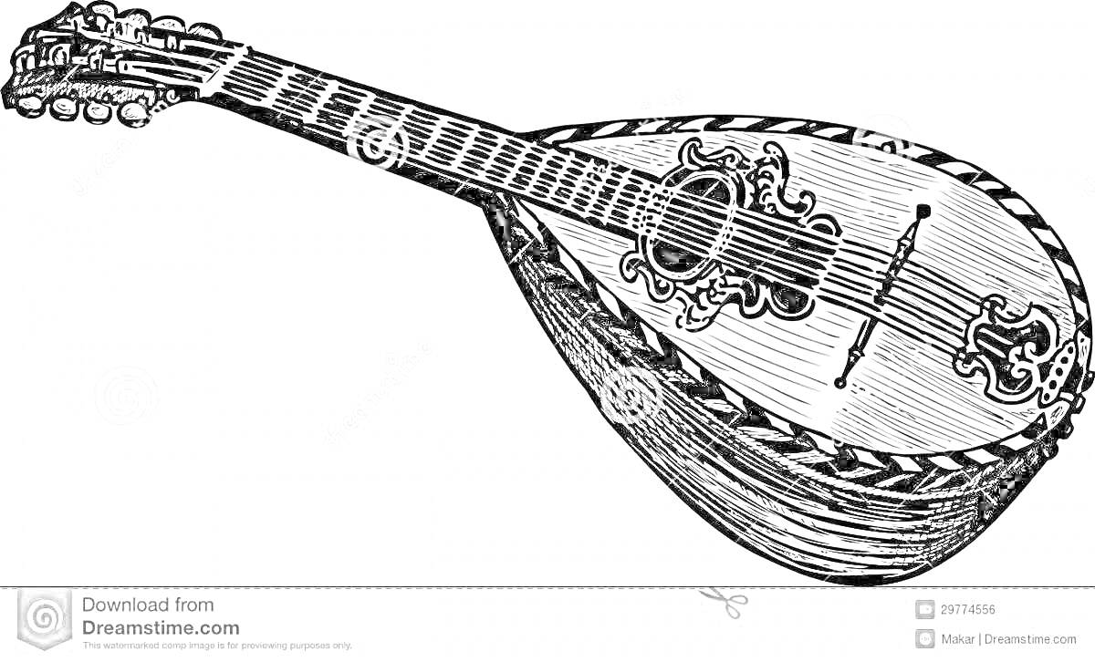 На раскраске изображено: Музыкальный инструмент, Струны, Декор, Контурные рисунки