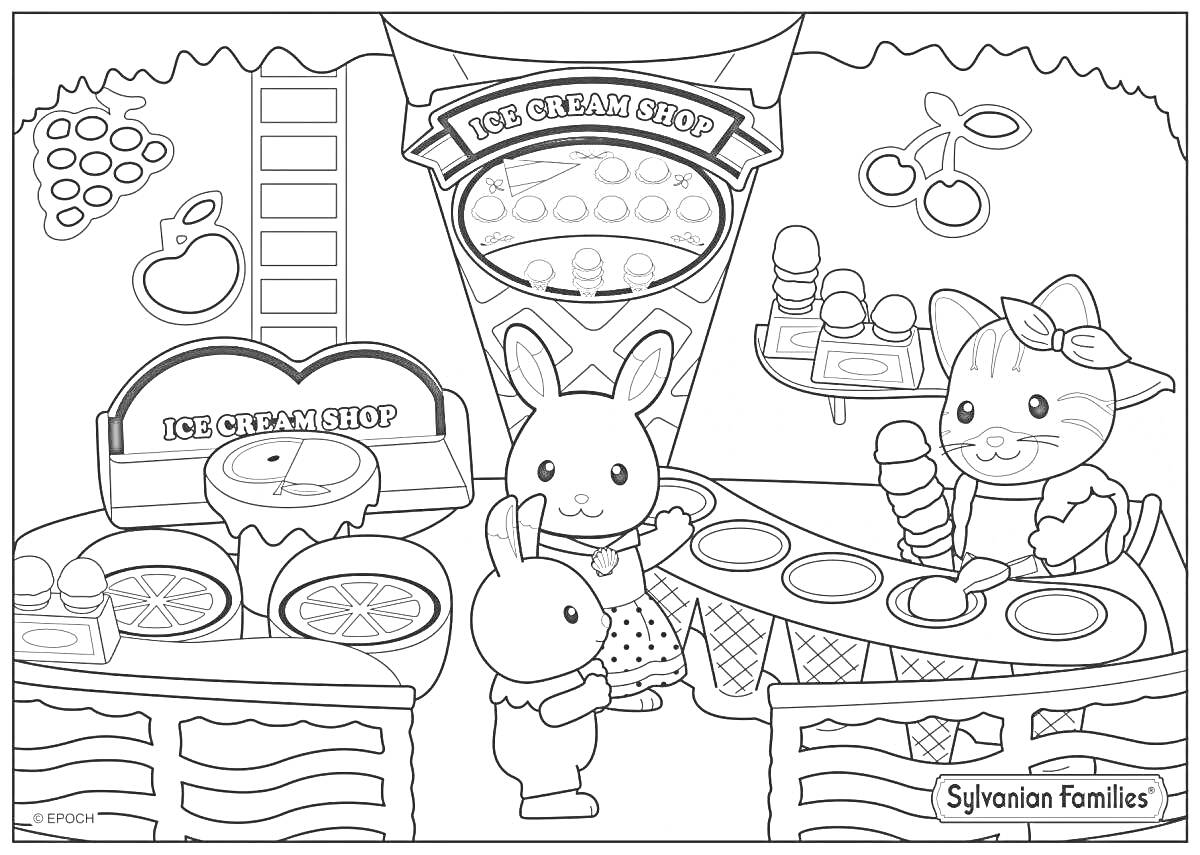Раскраска Мороженое - три персонажа в магазине мороженого, два кролика и кошка с мороженым, полки с мороженым за прилавком