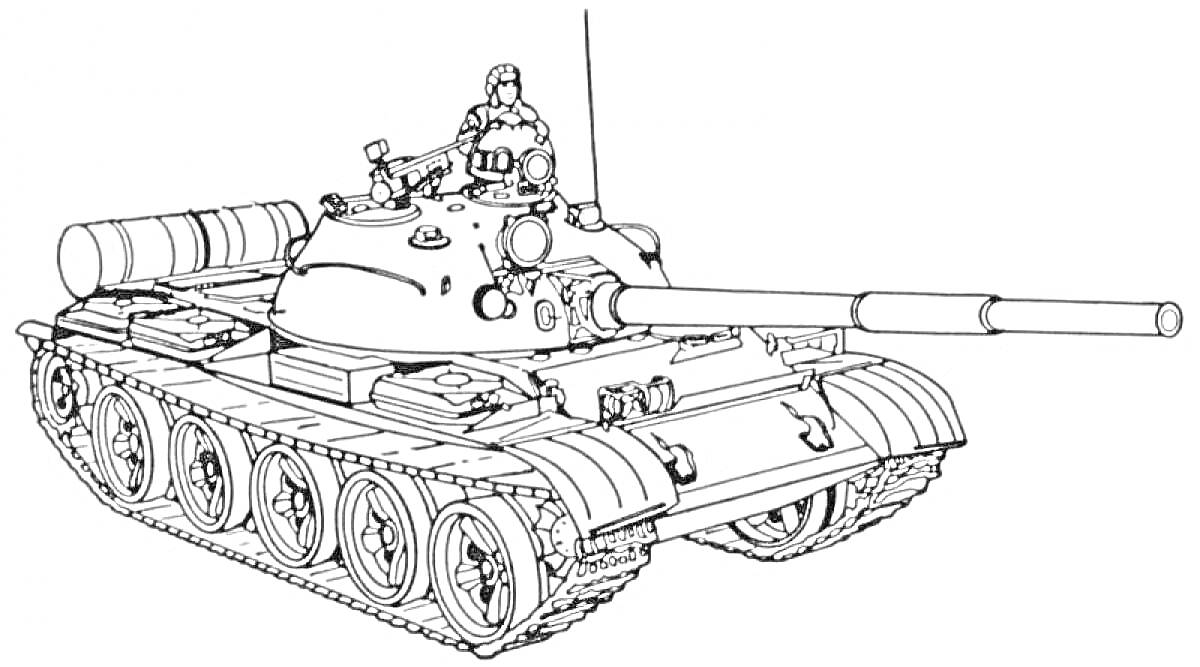 Раскраска Танк Т-34 с длинной пушкой, командиром в люке, антеннами и ходовой частью с шести колесами