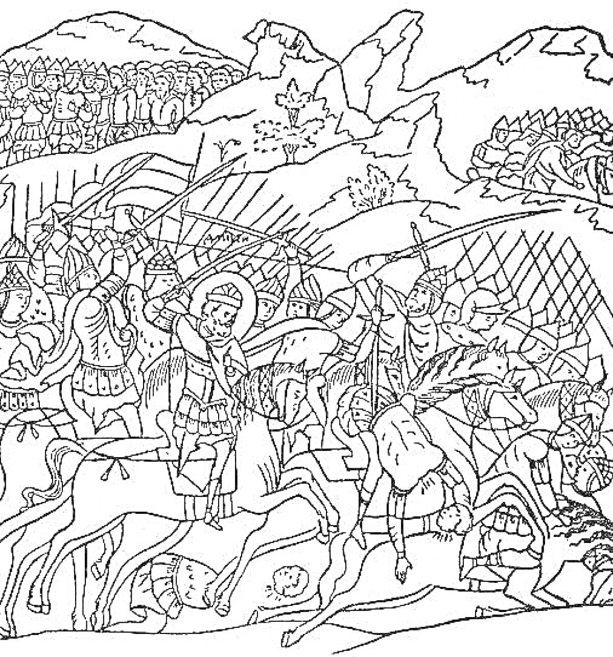 Раскраска Сражение на Куликовском поле, всадники с мечами и копьями на конях, деревья и горы на заднем плане, армия в доспехах.