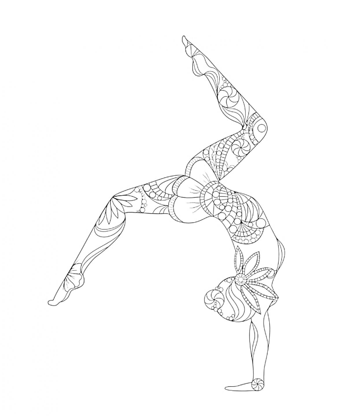 Гимнастка в стойке на руках с декоративными узорами на теле