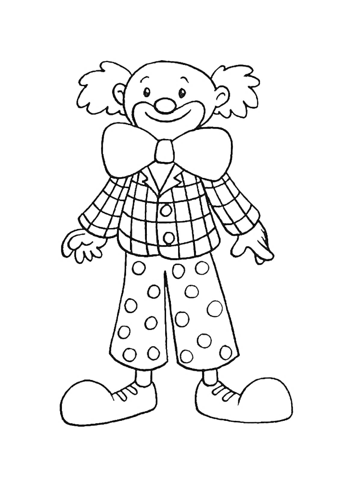 Раскраска Клоун с большим бабочкой, в клетчатом пиджаке и брюках с горошком