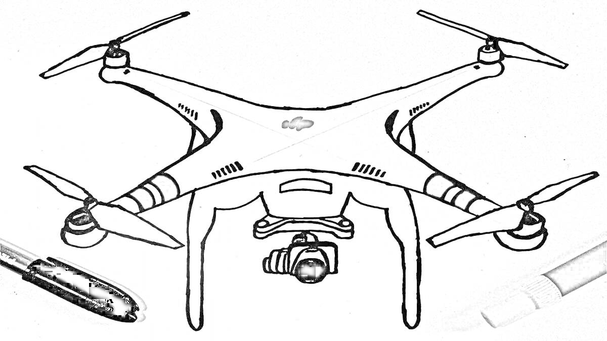 На раскраске изображено: Дрон, Камера, Пропеллеры, Фломастеры