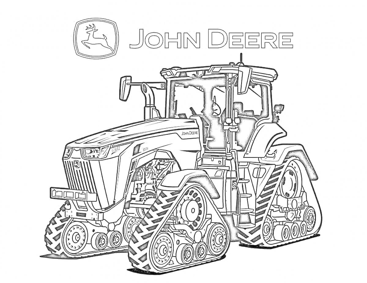 На раскраске изображено: Трактор, John Deere, Сельское хозяйство, Техника, Транспорт, Надпись