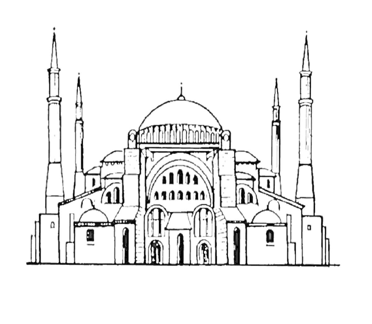 Раскраска Мечеть с куполами и минаретами