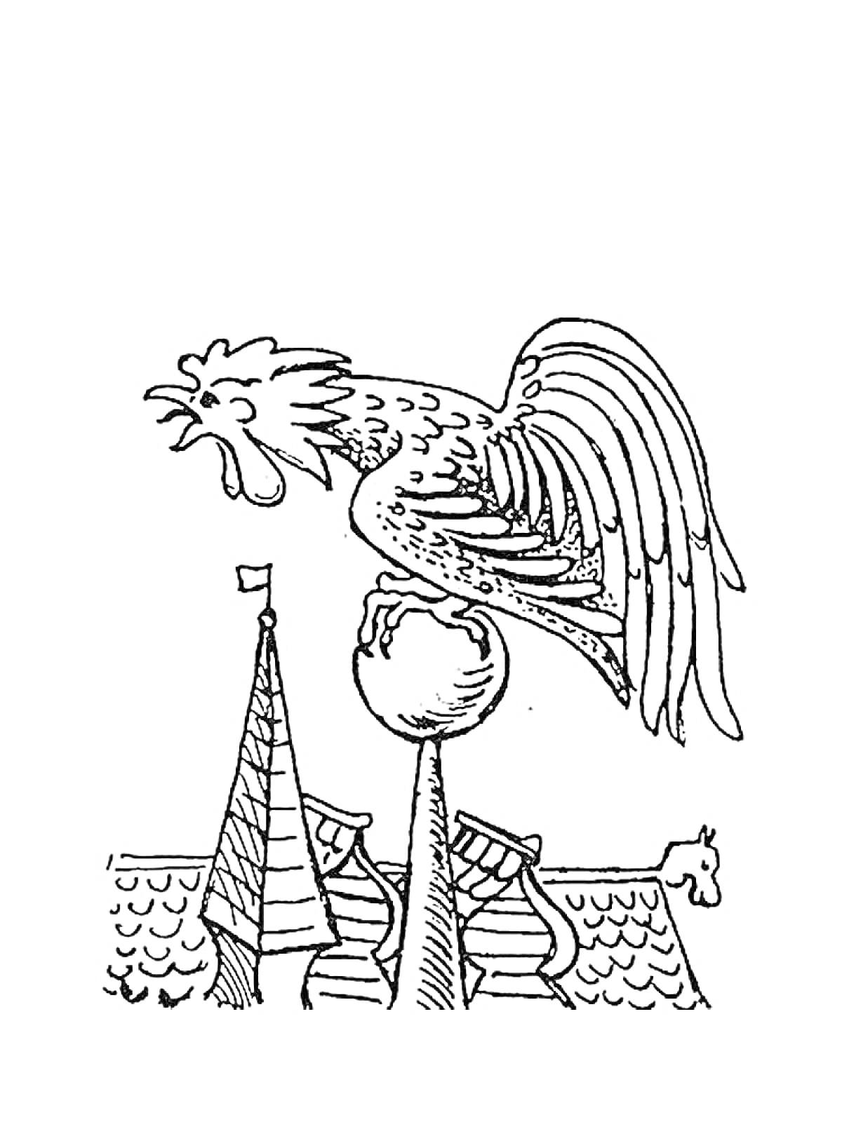 Раскраска Петушок на шпиле, крыша с флюгером и черепицей