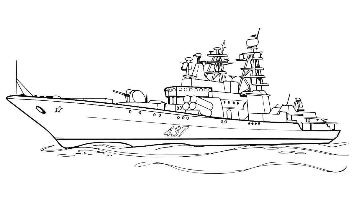 На раскраске изображено: Военный корабль, Башни, Море, Корабль, Война, Вооружение