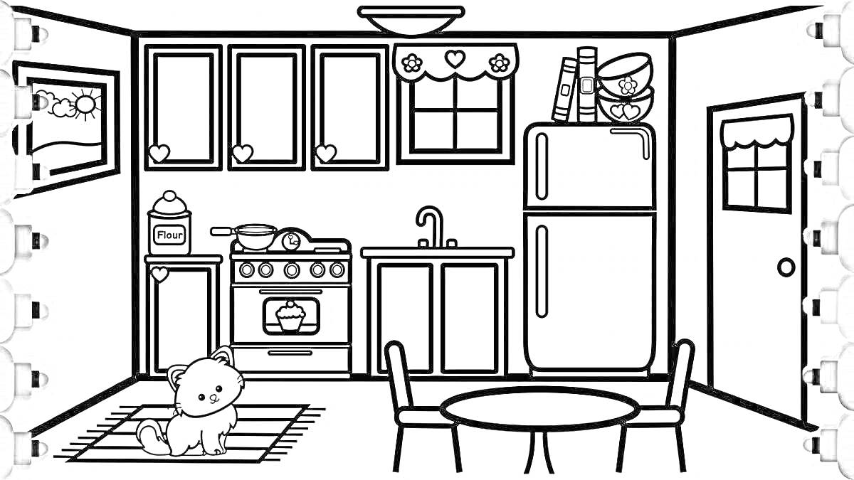 На раскраске изображено: Кухня, Мебель, Бытовая техника, Холодильник, Плита, Обеденный стол, Полки, Кастрюли
