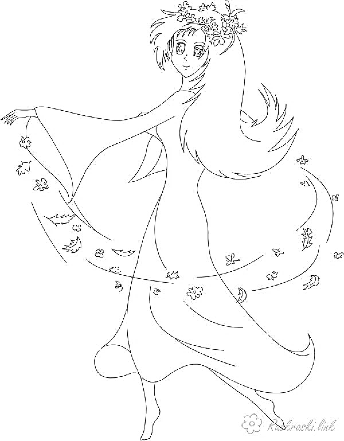 Раскраска Девушка в длинном платье с распущенными волосами и венком на голове, танцующая среди осенних листьев.