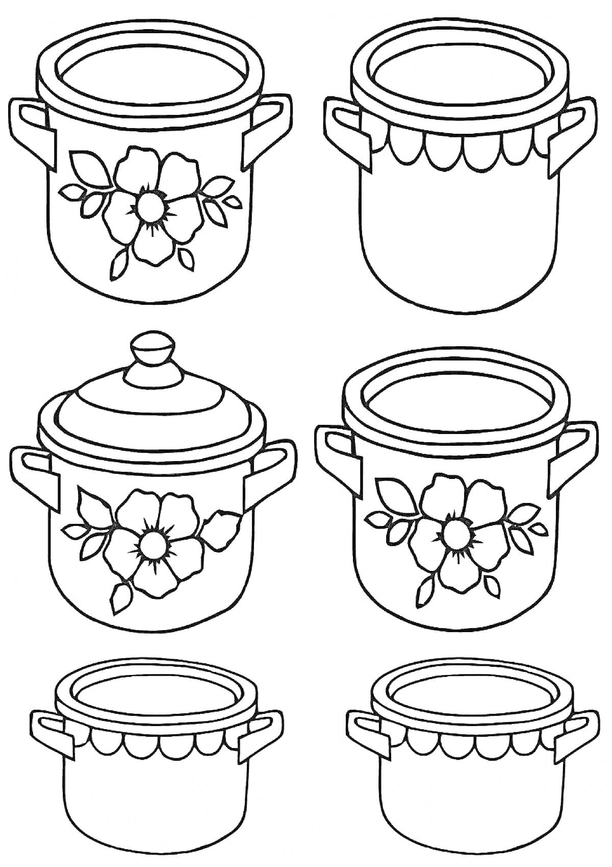 Раскраска Три кастрюли с цветочным узором и крышкой, три кастрюли без узора и крышки