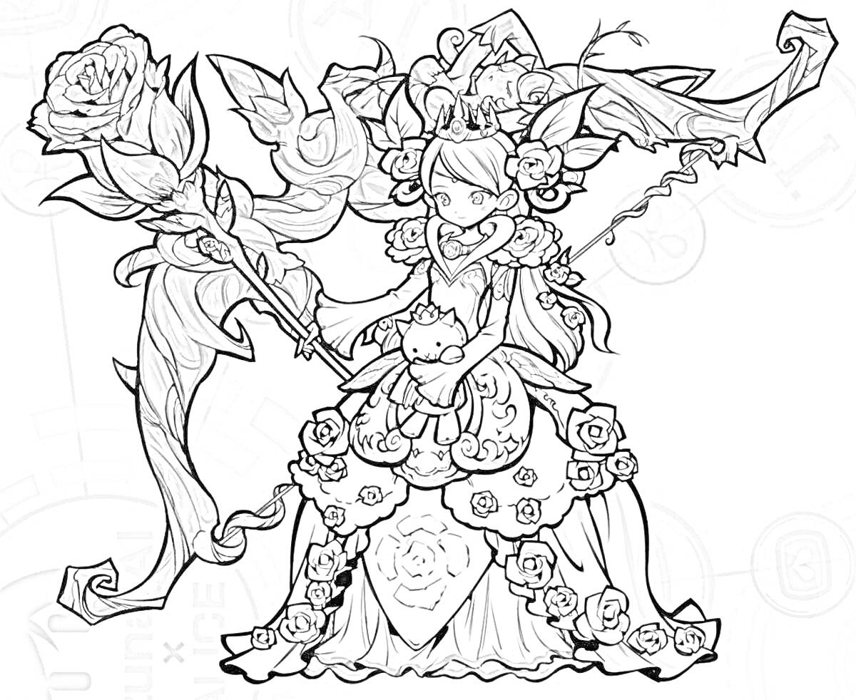 Раскраска Батл кэтс - принцесса с посохом в виде розы, кот на руках, платье с цветами