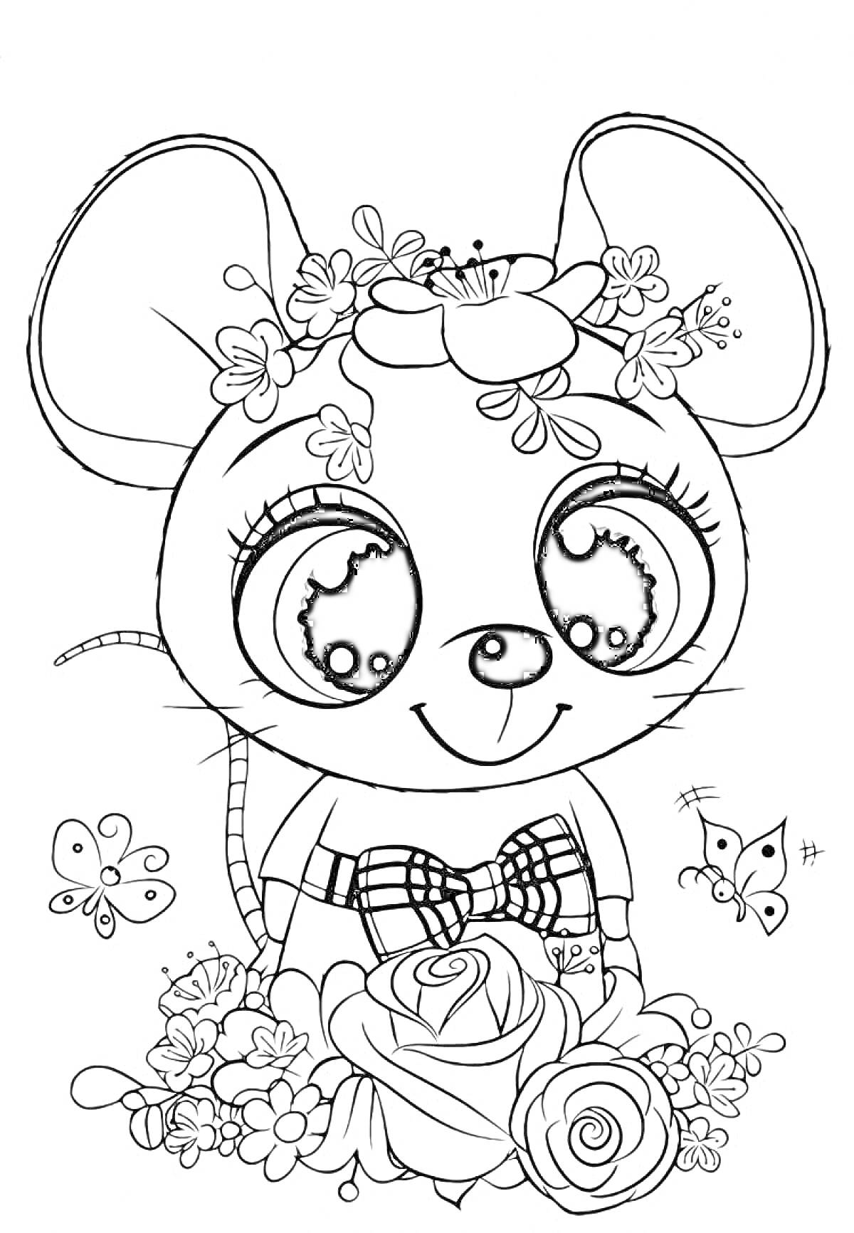 Раскраска Милая мышка с цветами на голове и в руках, с бабочками