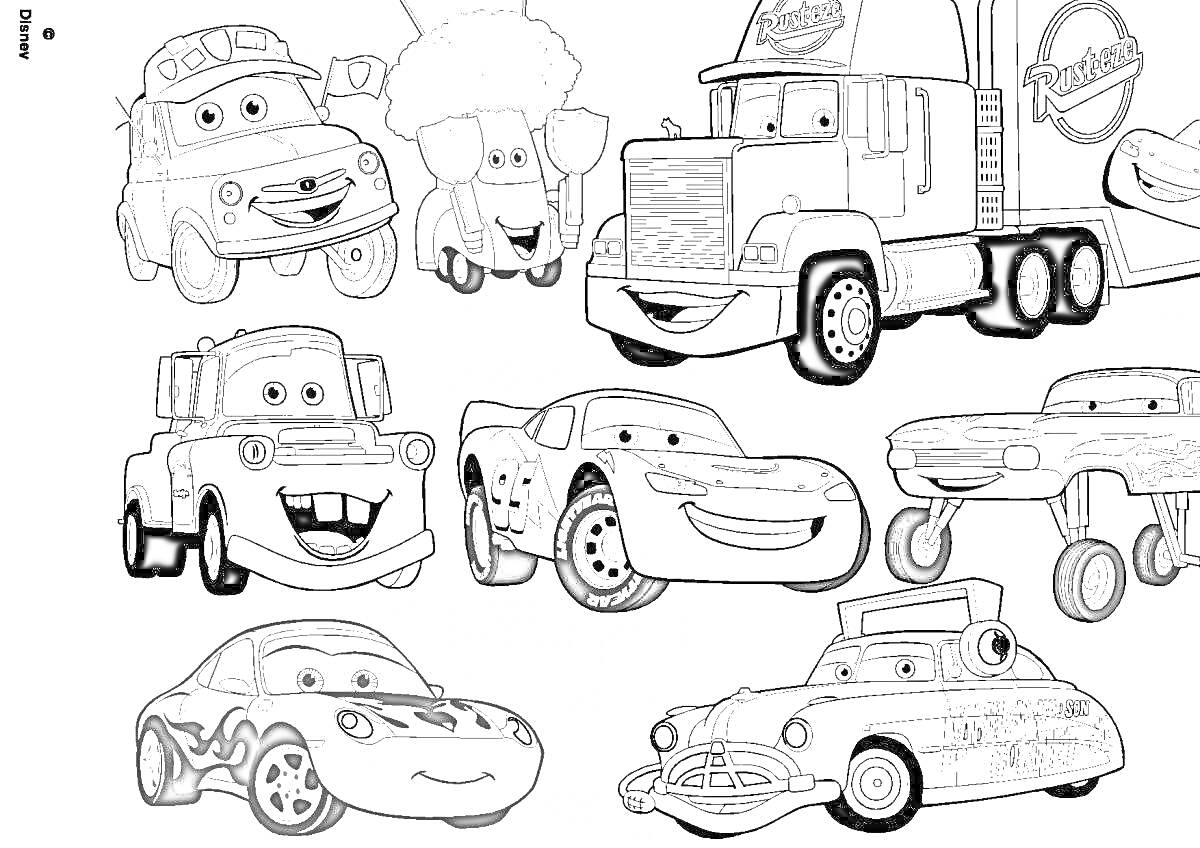 Раскраска Раскраска с персонажами мультфильма о машинах, серьёзный грузовик с прицепом, весёлая пожарная машина, маленький спортивный автомобиль, озорной пикап и другие машинки