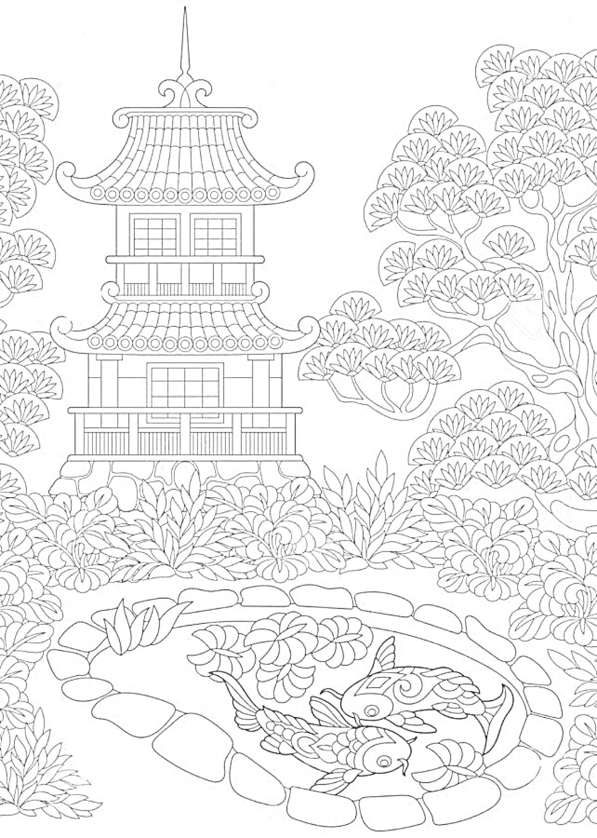 Раскраска Японский сад с пагодой, декоративным прудом и ивовым деревом
