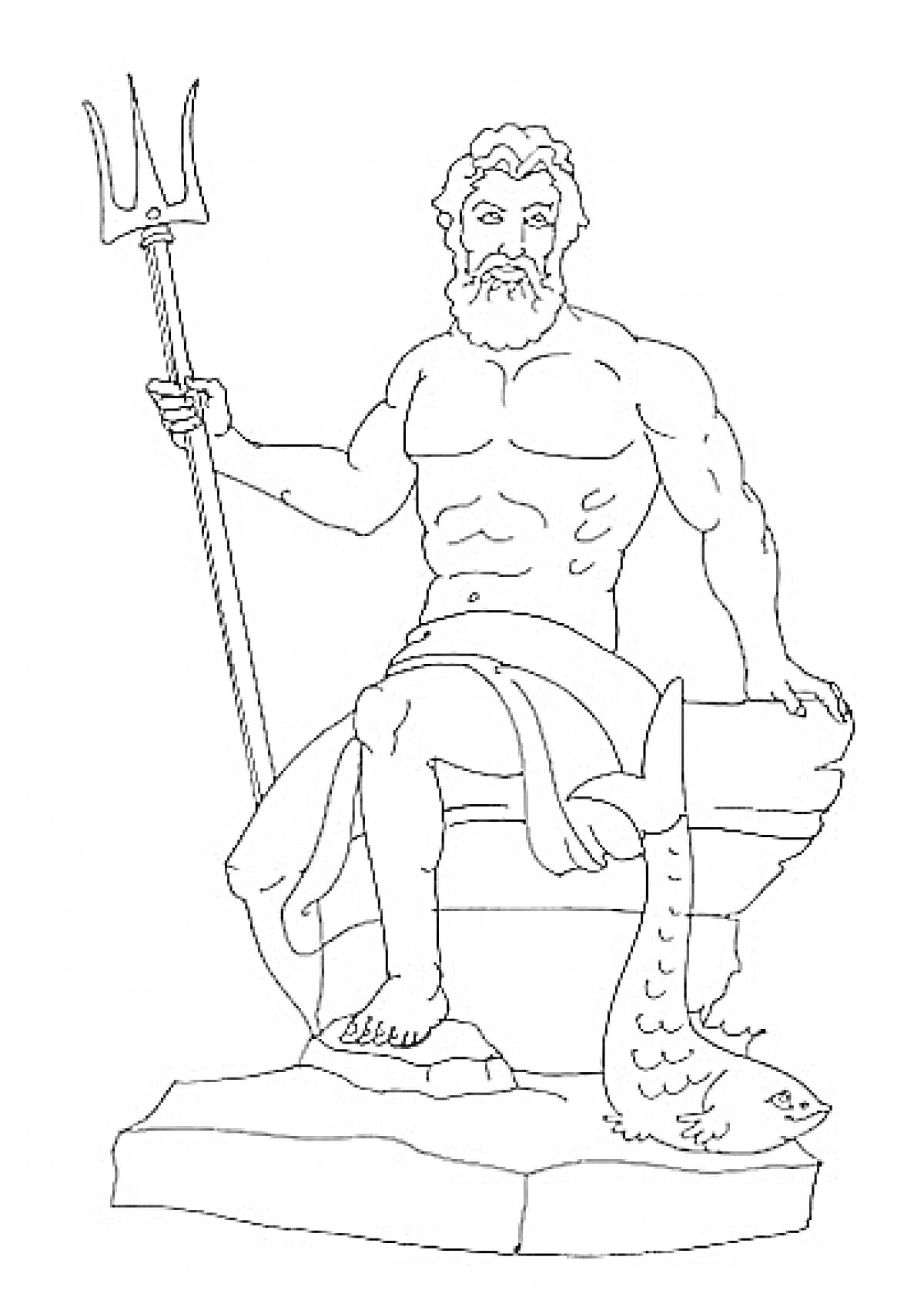 Раскраска Сидящий бог с трезубцем и рыбой
