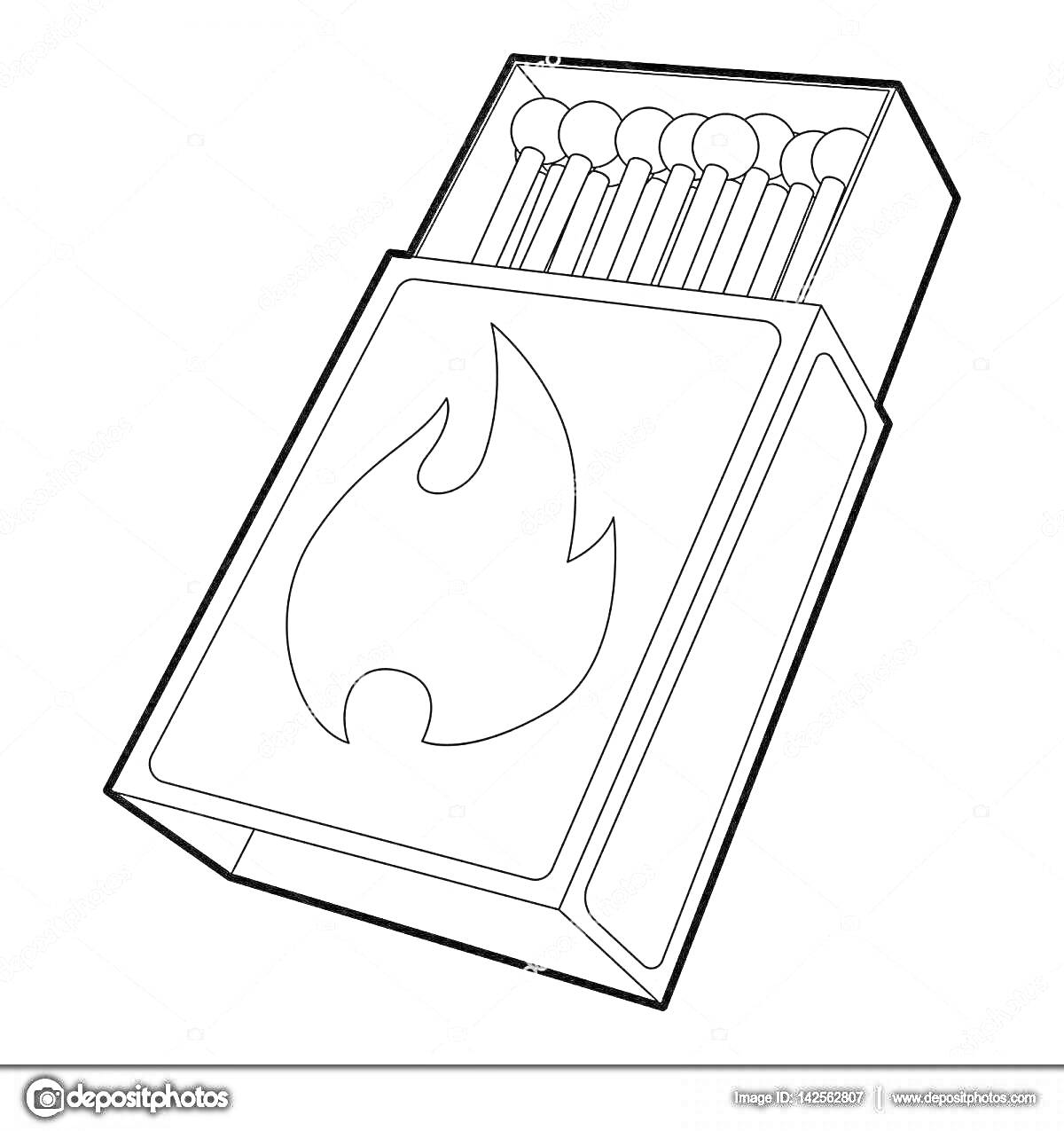 Раскраска спичечный коробок с открытыми спичками и изображением пламени на упаковке