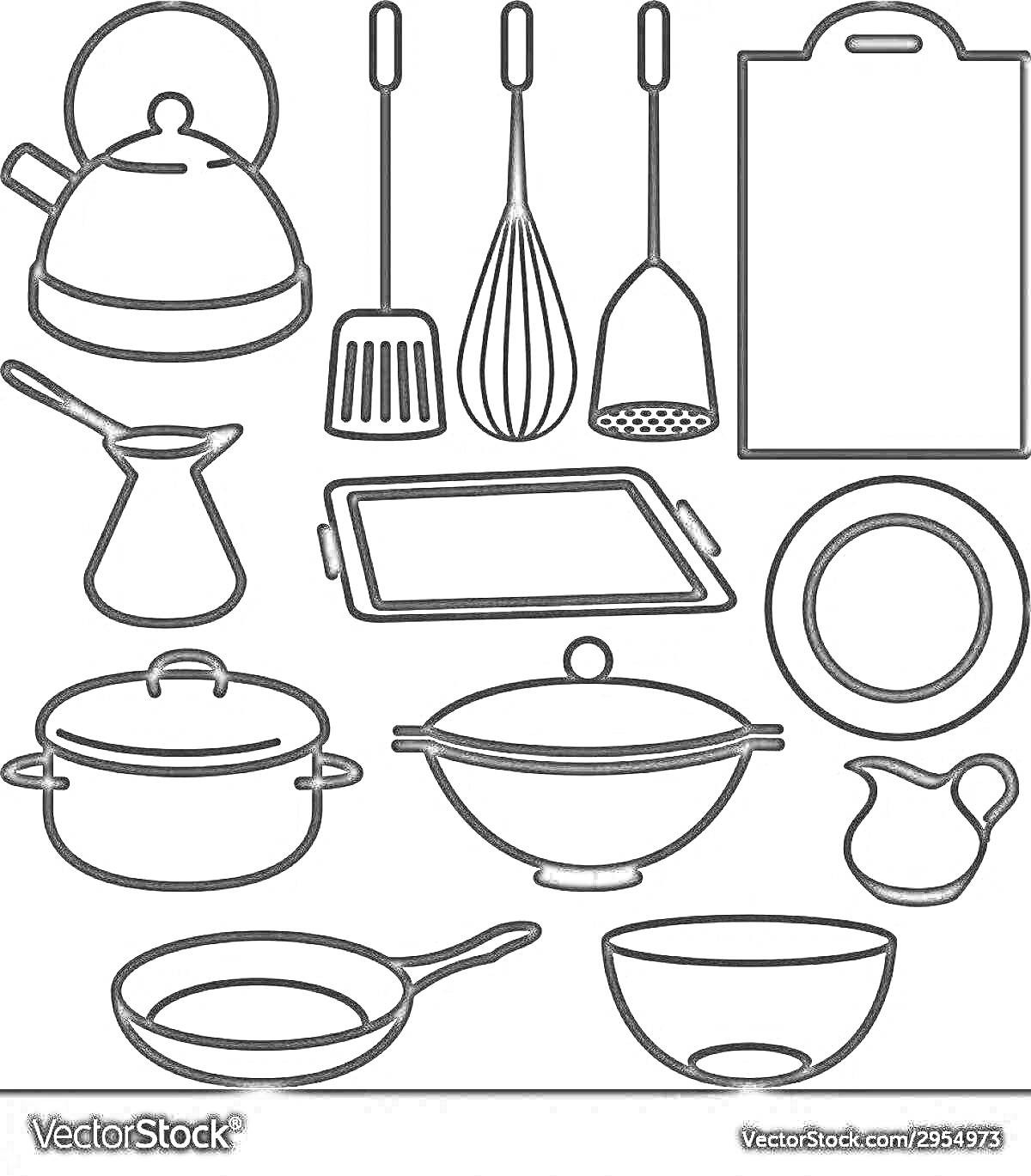 Раскраска Набор кухонных приборов с чайником, лопаткой, венчиком, картофелемялкой, разделочной доской, туркой, противнем, кастрюлей, сотейником с крышкой, тарелкой, маленьким кувшином, сковородой и миской.