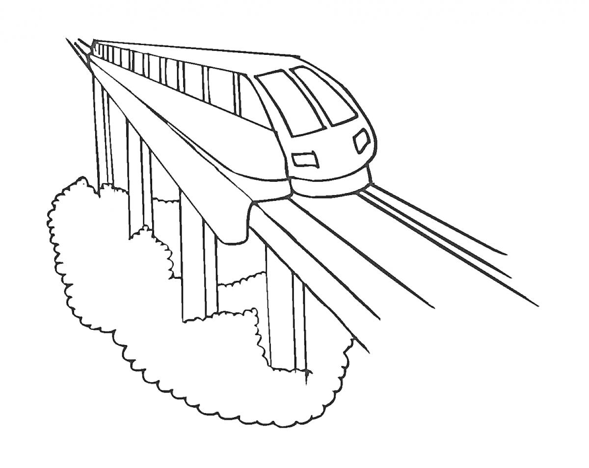 На раскраске изображено: Поезд, Мост, Деревья, Железнодорожные пути, Транспорт, Рельсы