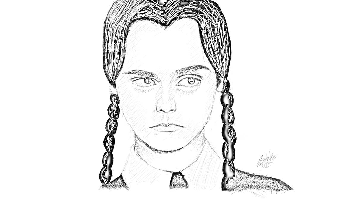 Раскраска Портрет девочки с косичками, черно-белая раскраска