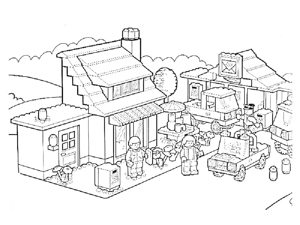 Раскраска Лего город с домом, автомастерской, грузовиками, людьми и животным