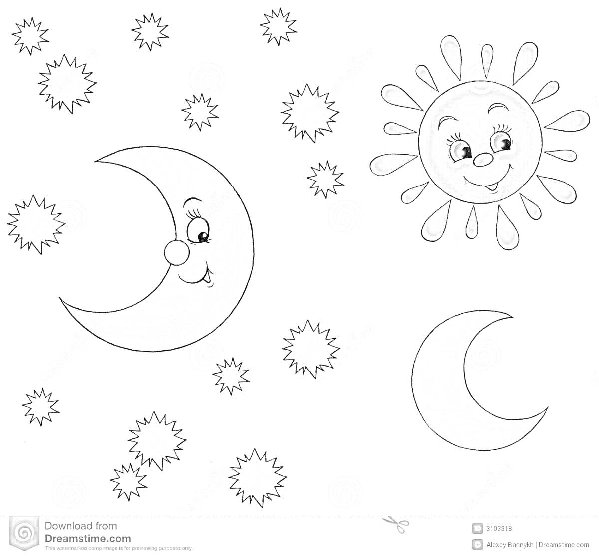 Раскраска Луна и солнце с улыбками и звёздами