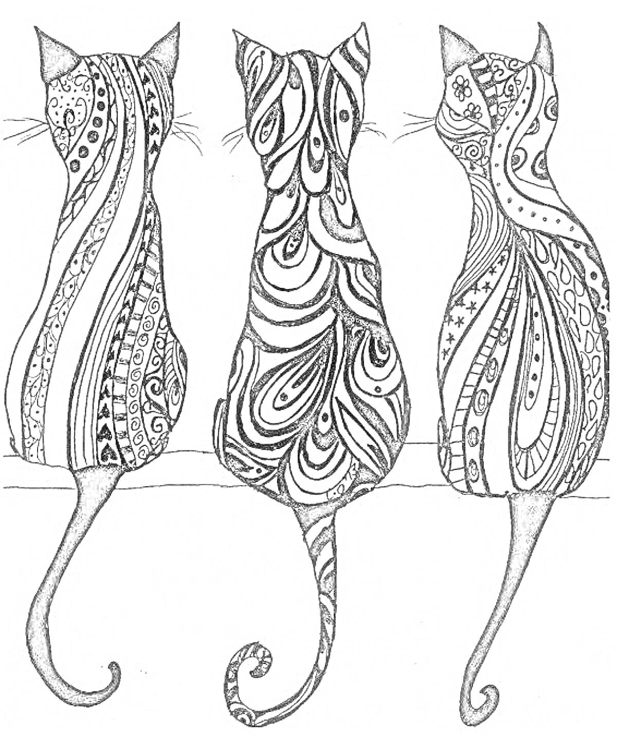 Раскраска Три графические кошки с узорами