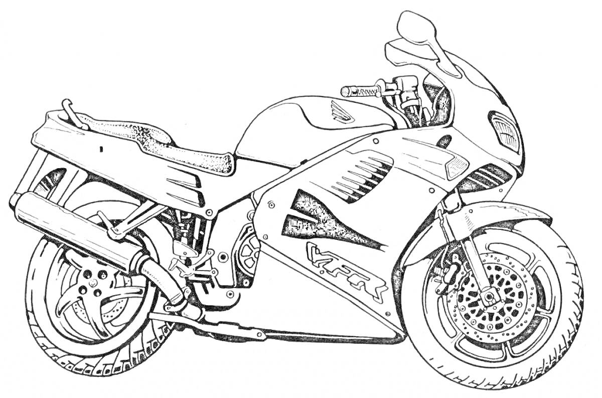 Раскраска Спортивный мотоцикл с аэродинамическим обвесом, зеркалом заднего вида, глушителем и прорезными дисками