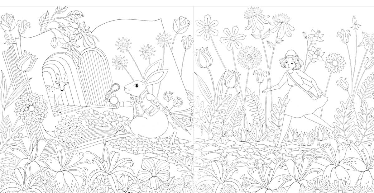 На раскраске изображено: Сад, Цветы, Белый Кролик, Природа, Растения, Из сказок, Фэнтези, Птица, Дверь, Девочка, Тропа