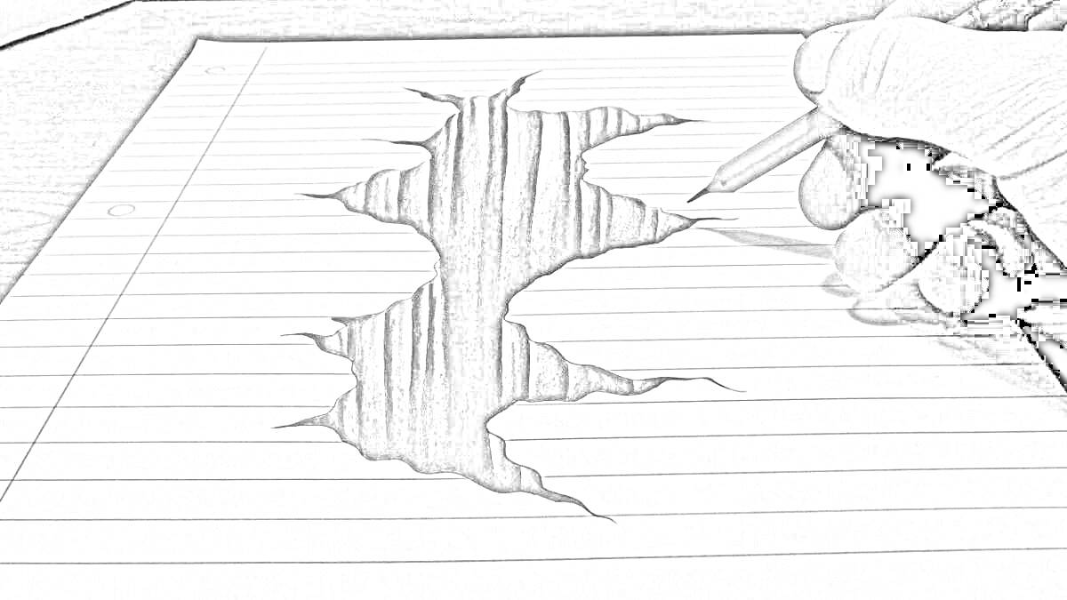 Раскраска Рисунок тридэ-иллюзии с разломом на листе бумаги и рукой с карандашом