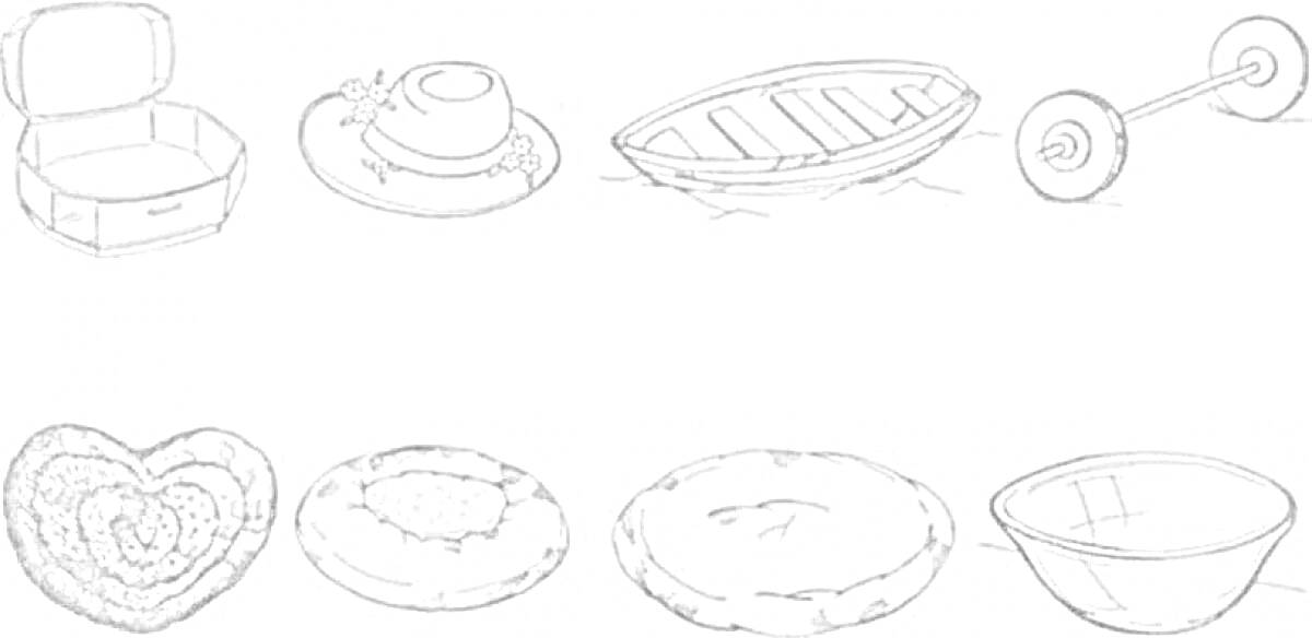 На раскраске изображено: Коробка, Ватрушка, Тарелка, Катер, Штанга, Пирог, Еда, Миска, Выпечка