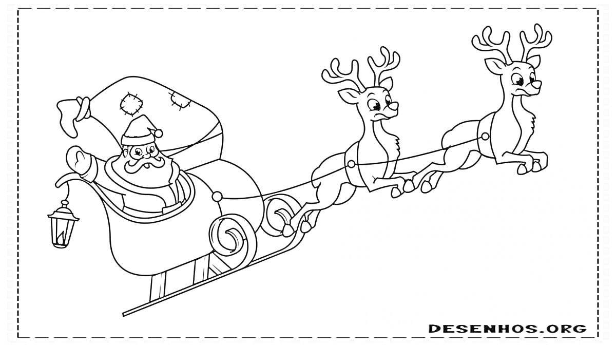 Раскраска Дед Мороз на санях с фонарем, запряженными двумя оленями