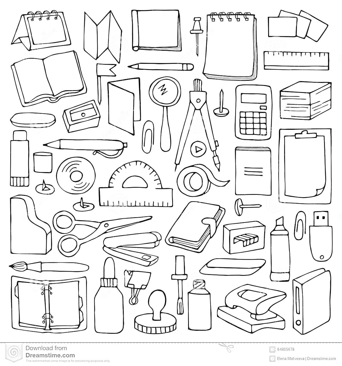 Раскраска Канцелярские принадлежности: настольный календарь, складной стул, блокнот, линейка, открытая книга, ручка, карандаш, скрепка, блокнот с прищепкой, калькулятор, конверт, циркуль, маркер, двусторонний маркер, штамп, бумажный зажим, закрытая книга, точилка, 