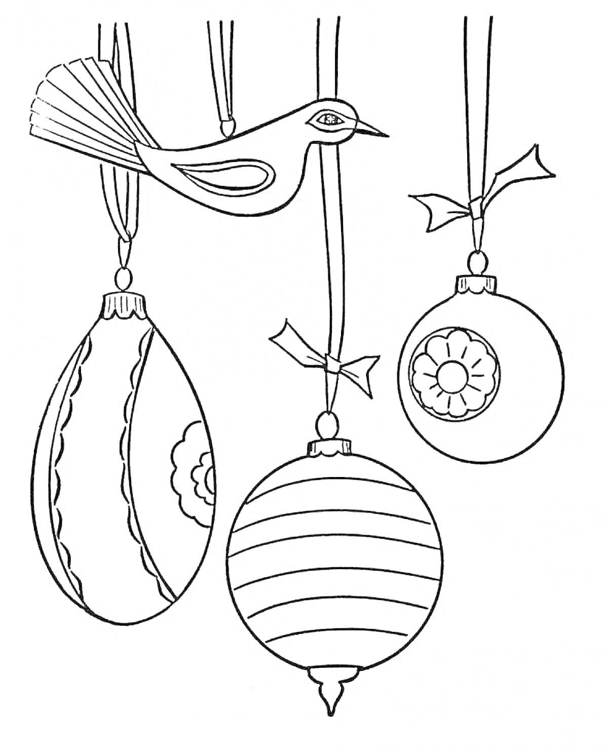 Раскраска елочные игрушки с птицей, ленточками и шарами