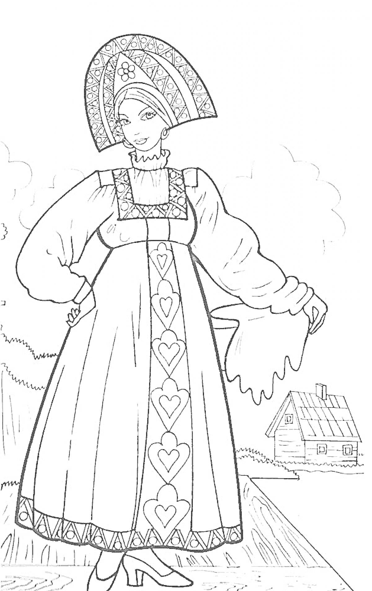 Раскраска Русский национальный костюм с кокошником и сарафаном с узорами
