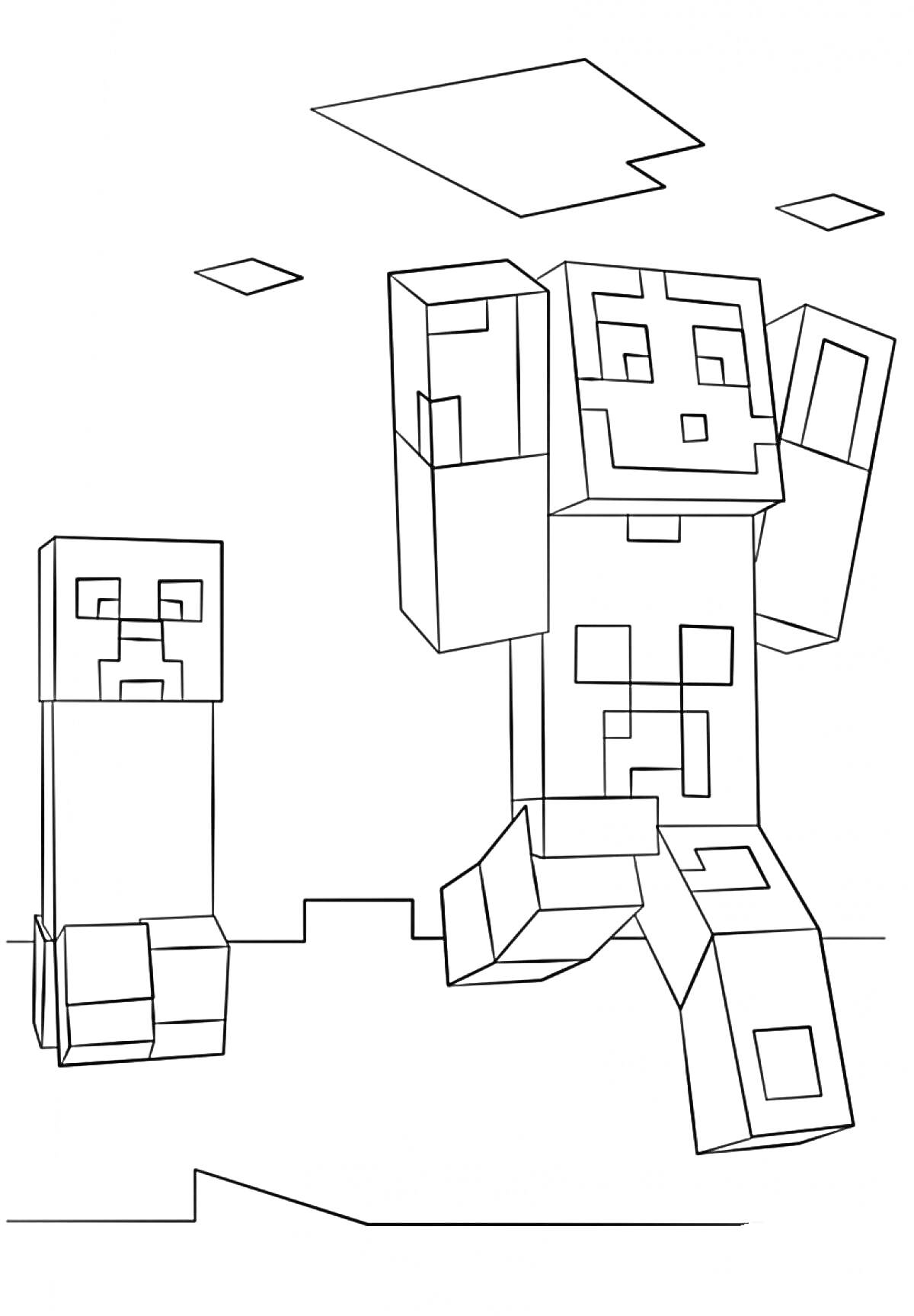 Раскраска Крипер и персонаж из Minecraft с поднятой рукой и облаками