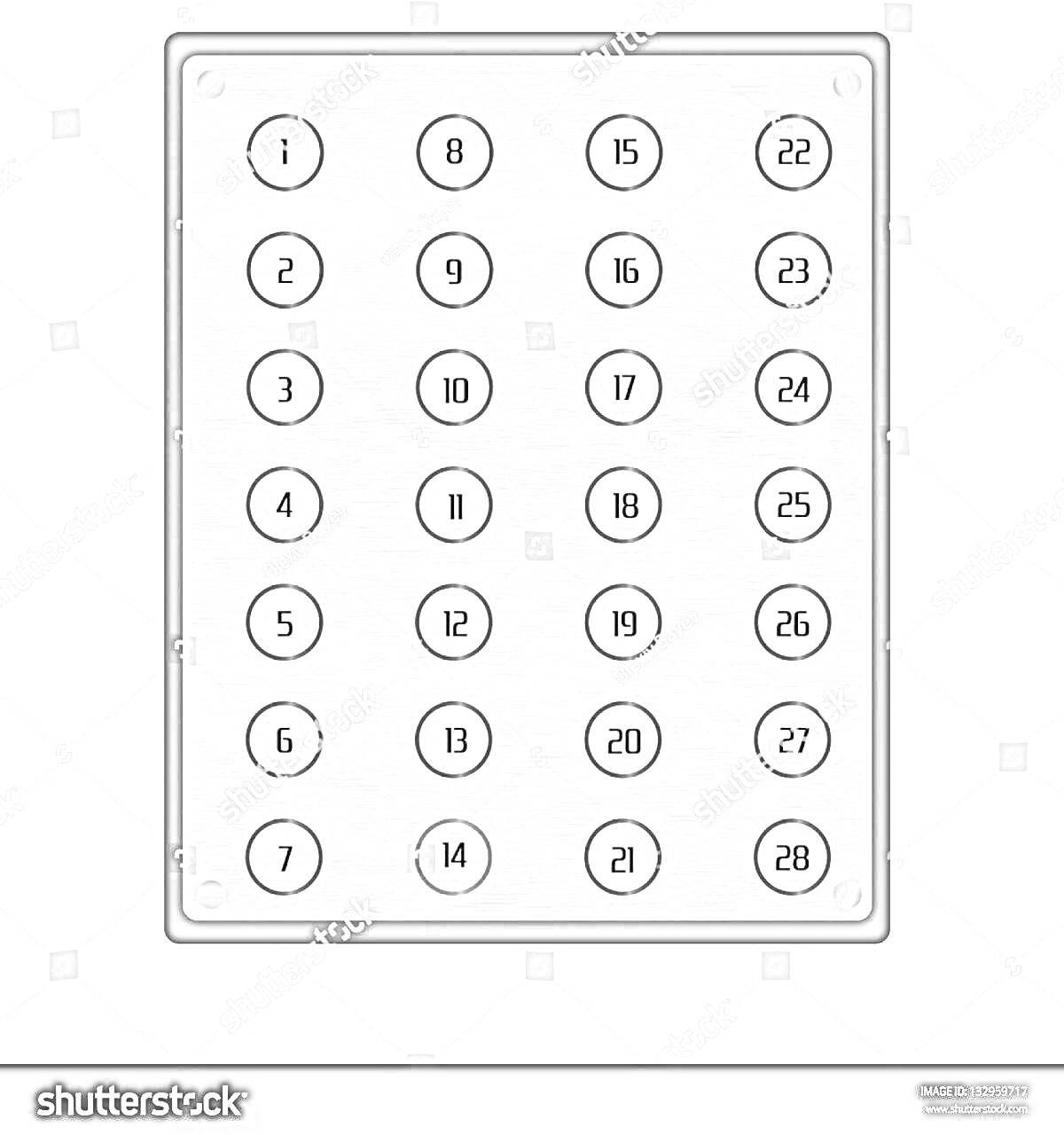 Раскраска Панель кнопок лифта с номерами от 1 до 28