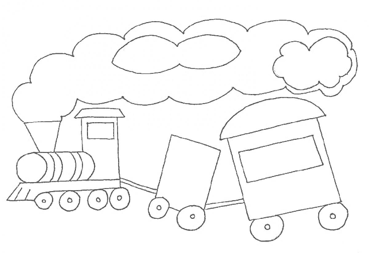Раскраска Паровоз с вагонами и дымом