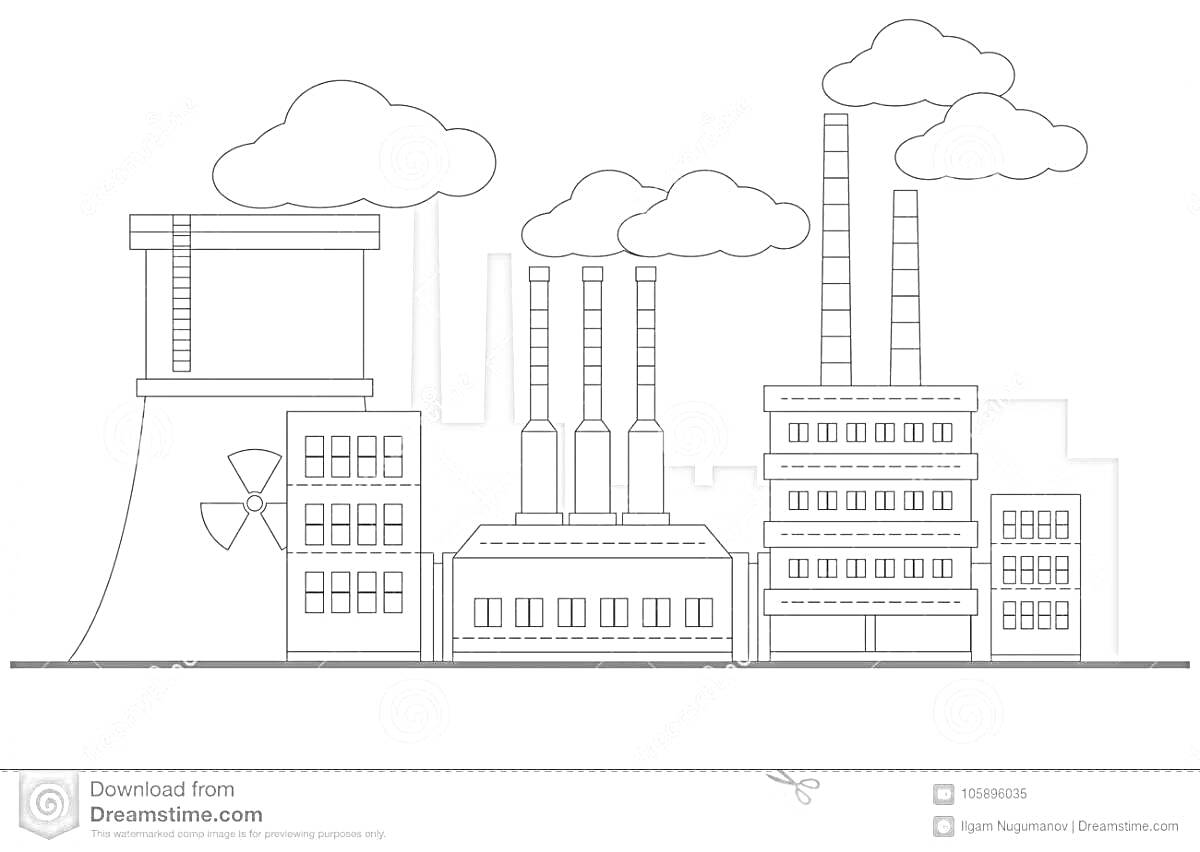 Раскраска Завод с дымоходами и облаками