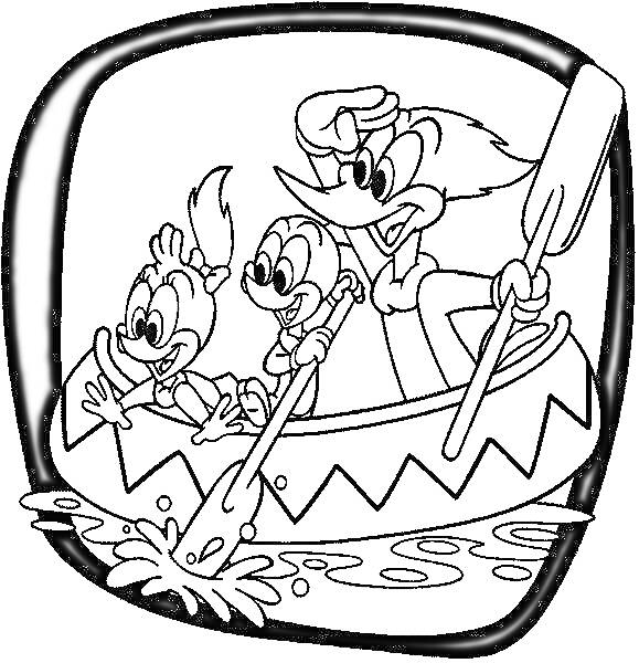 Раскраска Вуди Вудпекер и друзья на лодке на реке