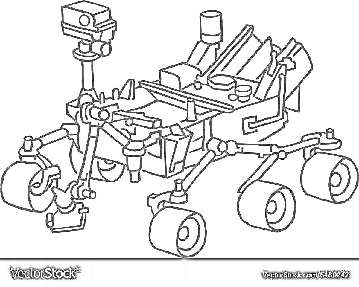 Раскраска Луноход с камерой, антеннами и шести колесной рамой.