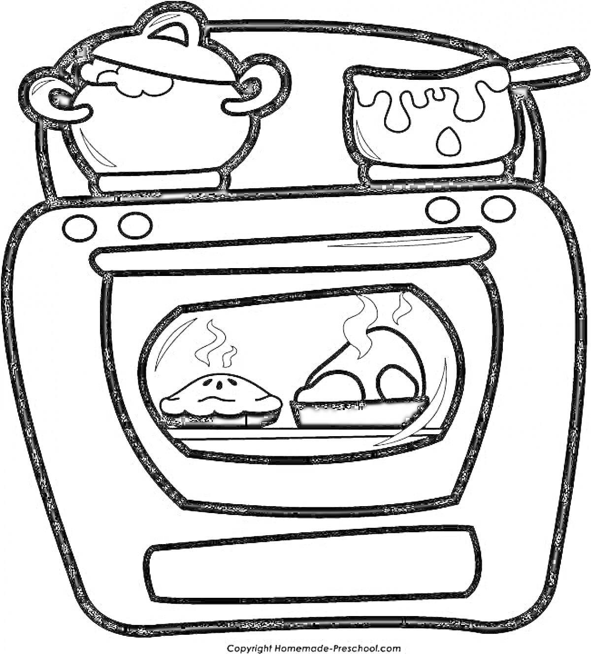 Раскраска печь с кастрюлями на плите и пирогами в духовке