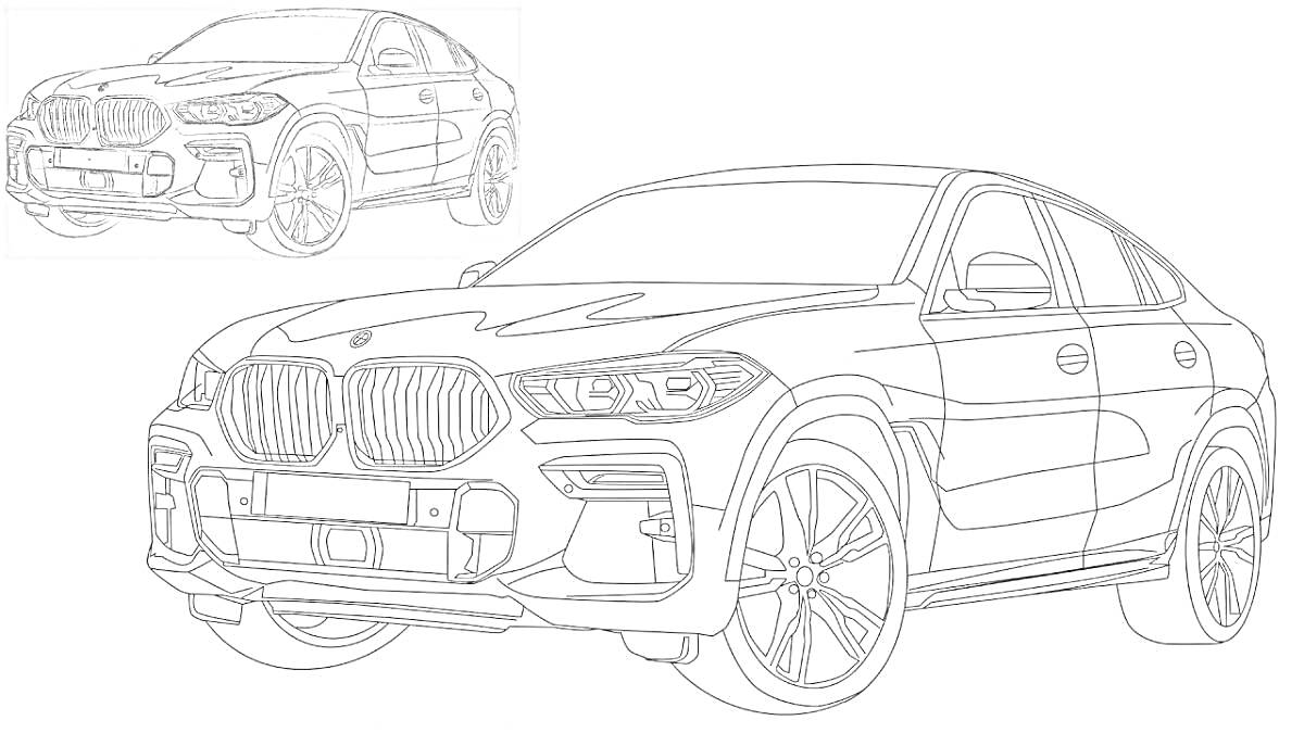 Раскраска BMW X5, два изображения с разных ракурсов, крупный план, импортные автомобили премиум-класса
