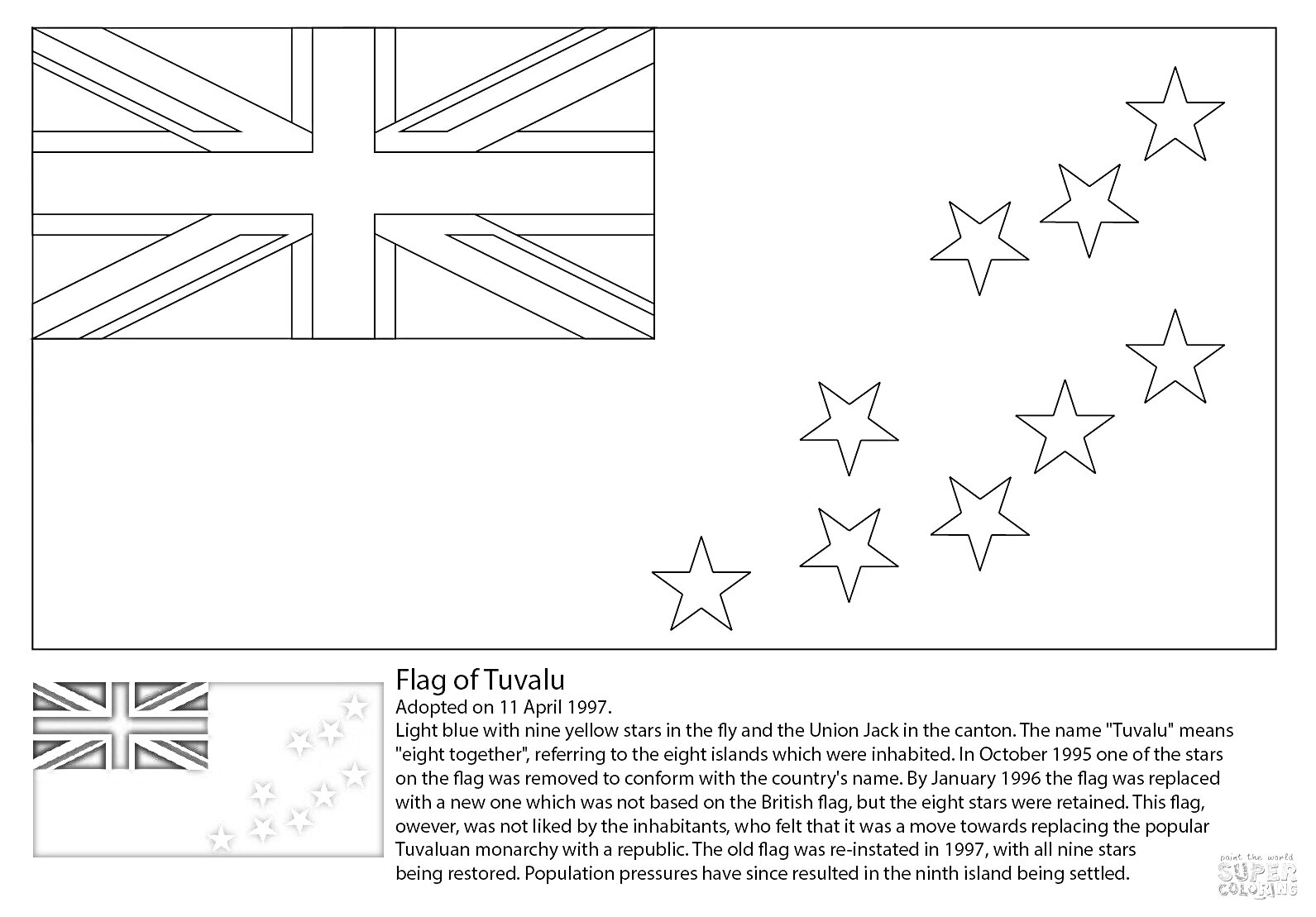Раскраска флаг Тувалу, звезды, синий фон, Юнион Джек